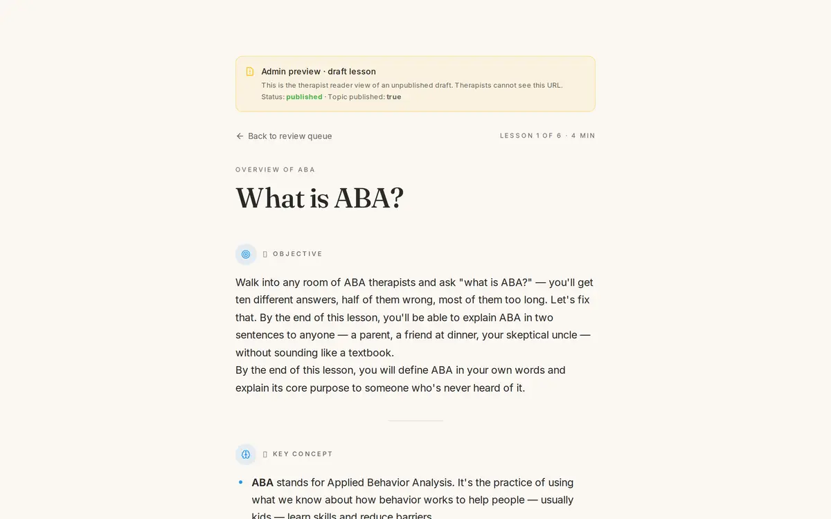 Lesson reader showing the start of 'What is ABA?' with Objective and Key Concept sections.